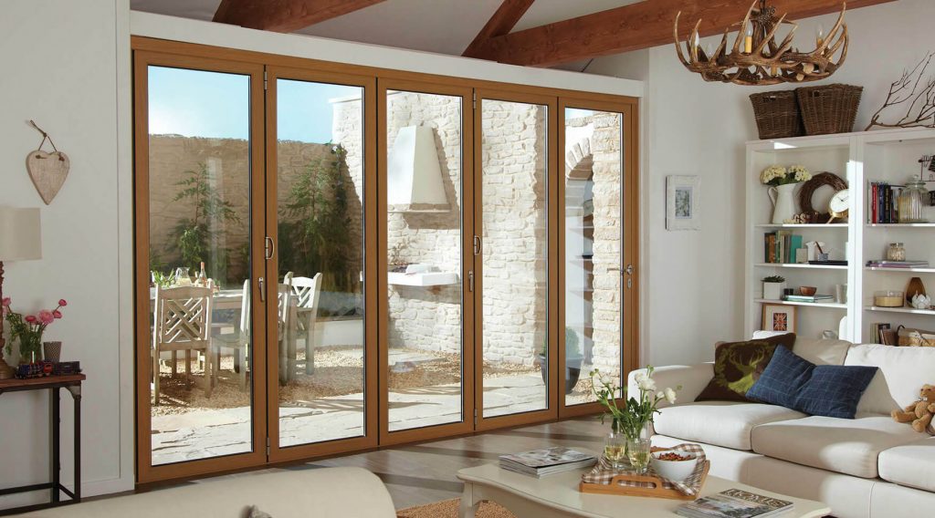 Oak effect aluminium bifold door interior view