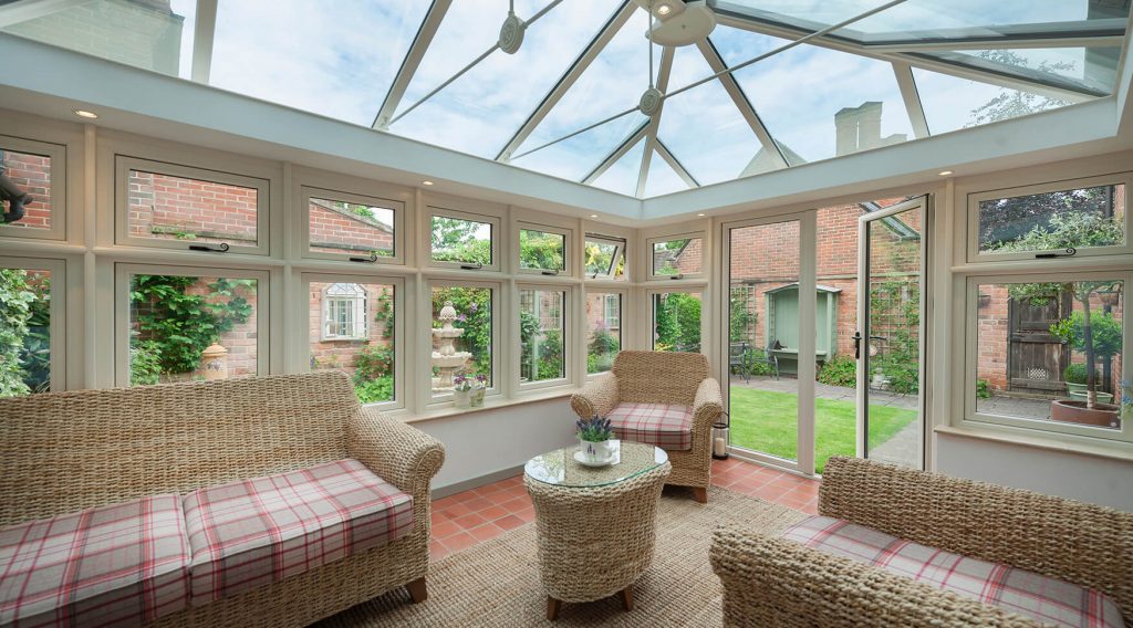 Cream uPVC Orangery interior with Residence 9 windows