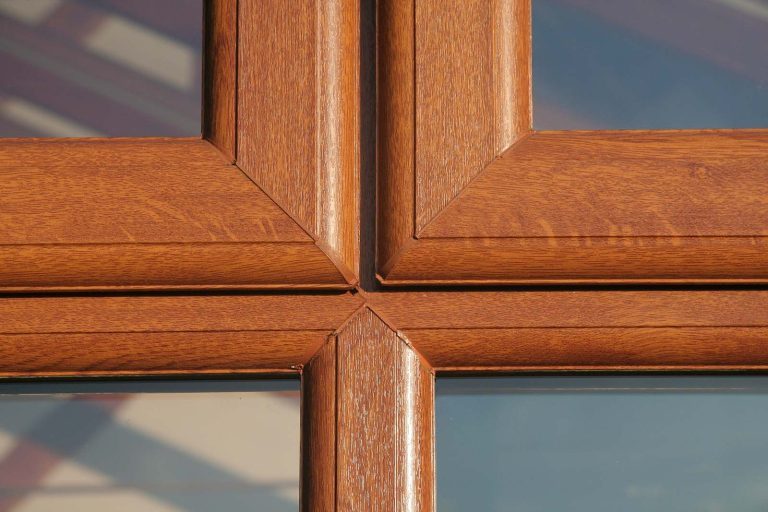 Golden oak effect uPVC casement window close up