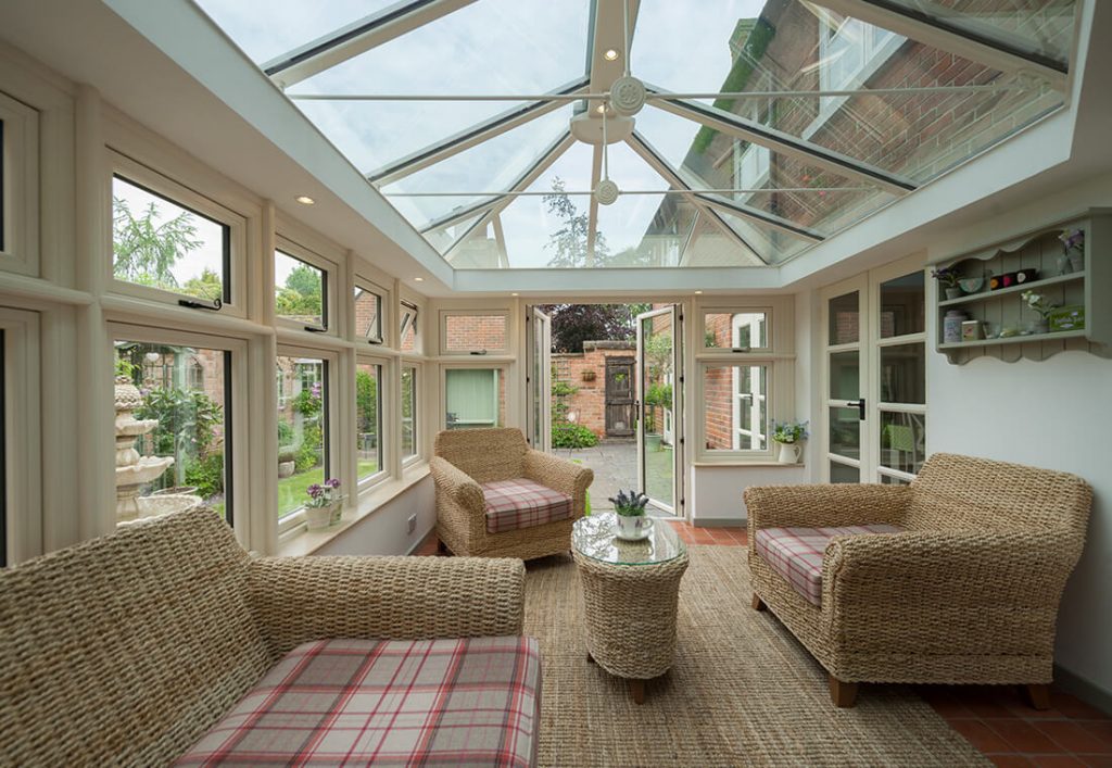 Cream uPVC orangery interior view with Residence windows